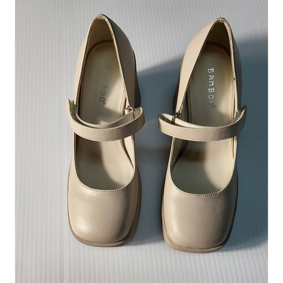 Bamboo‎ Mary Jane Pumps Chunky Heels Platform Beige Shoes SIZE 6 /36 - Picture 5 of 8